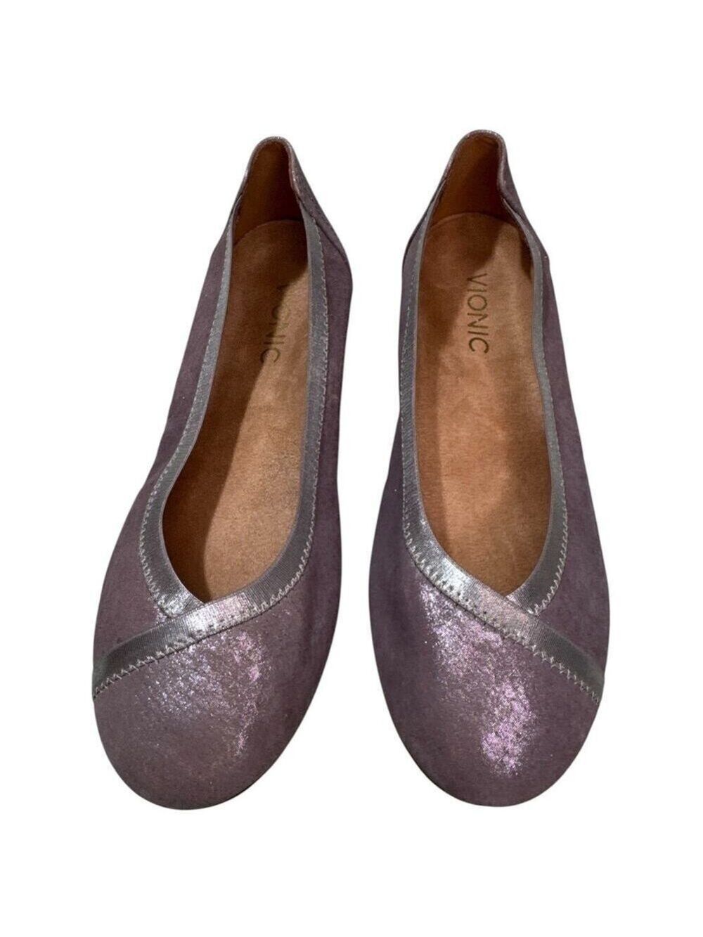 Vionic Womens Sz 6 Spark Caroll Ballet Flat Shoes Metallic Pewter Purple NWOB